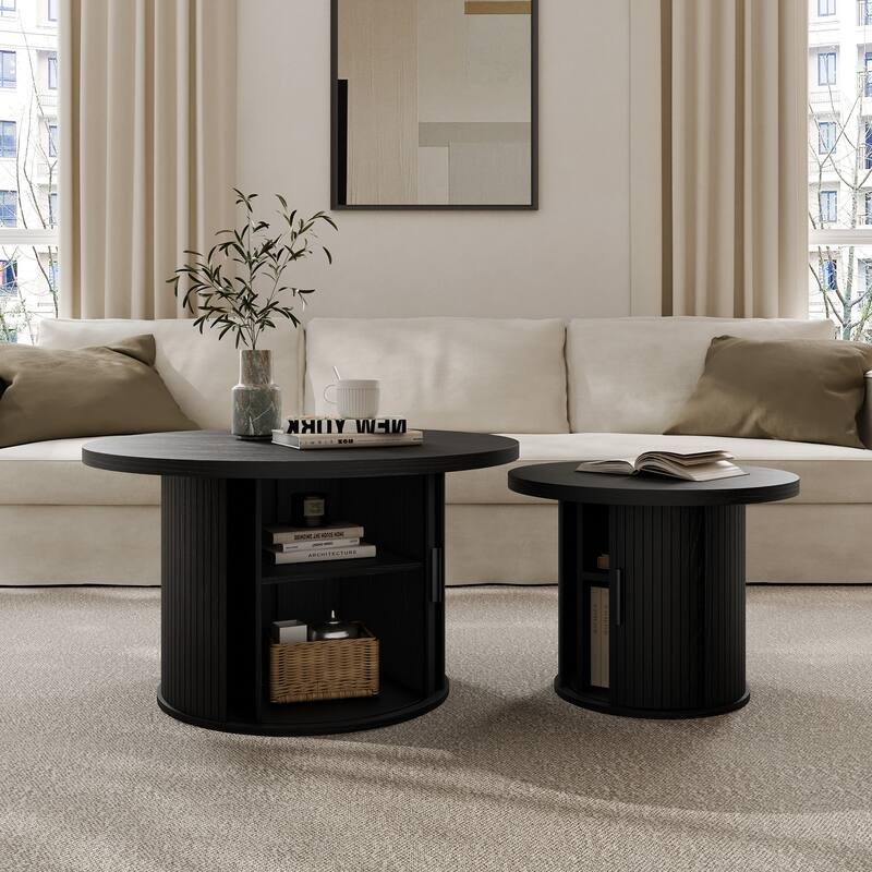 Mid Century Modern Round Coffee Table with Storage, Tambour Door Design Table for Living Room