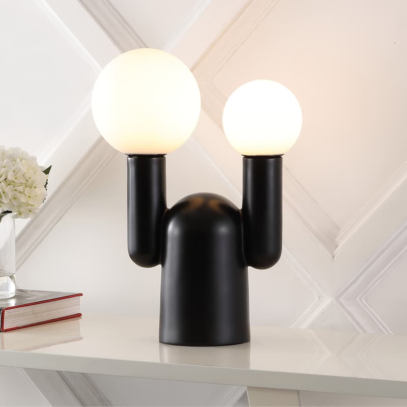 Oona 19" 2-Light Modern Mid-Century Resin/Iron/Frosted Glass Nordic Cactus LED Table Lamp, Black by JONATHAN Y