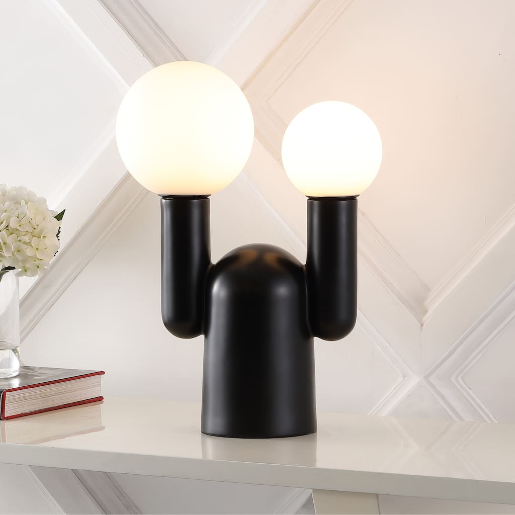 Oona 19" 2-Light Modern Mid-Century Resin/Iron/Frosted Glass Nordic Cactus LED Table Lamp, Black by JONATHAN Y