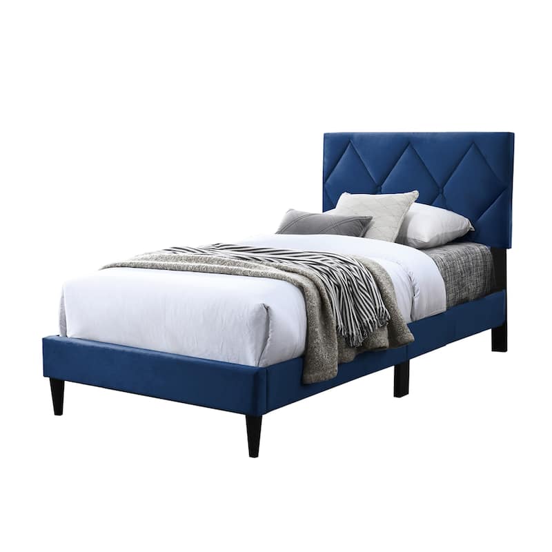 Velvet Upholstered Adjustable Headboard Twin Bed with Tufting Design - Navy Blue