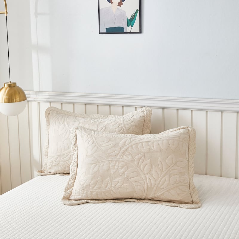 MarCielo 2-Piece 100% Cotton Embroidered Quilted Pillow Shams - Natural Beige - Standard