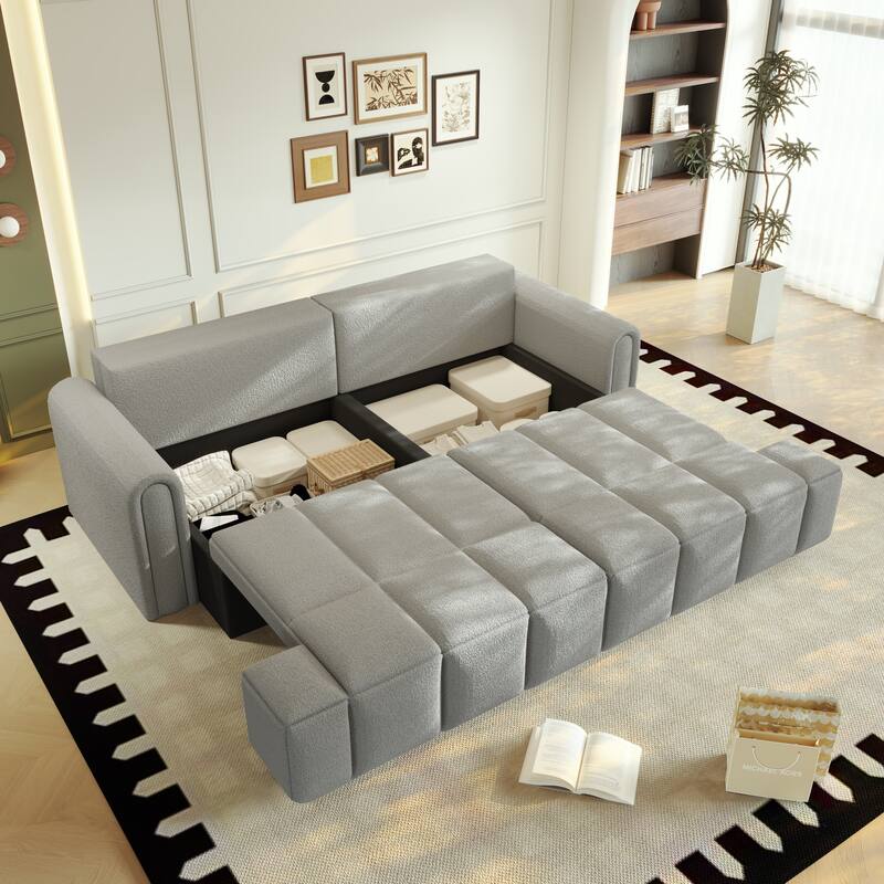 90.2" Sleeper Sofa with Pull-Out Bed, 3-in-1 Convertible Sofa Bed, Large Teddy Loveseat with Adjustable Backrest & Storage Seats