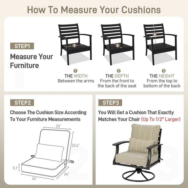 Aoodor 24'' x 24'' Outdoor Deep Seat Chair Cushion Set with Sponge Foam (Set of 2 Seats, 2 Backs, 2 Pillows) - 24"x24"