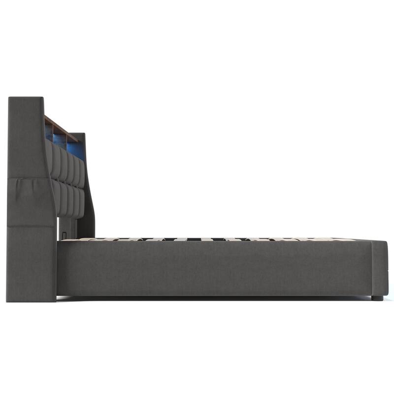 Queen Size Upholstered Platform Bed w/ a Hydraulic Storage System, LED