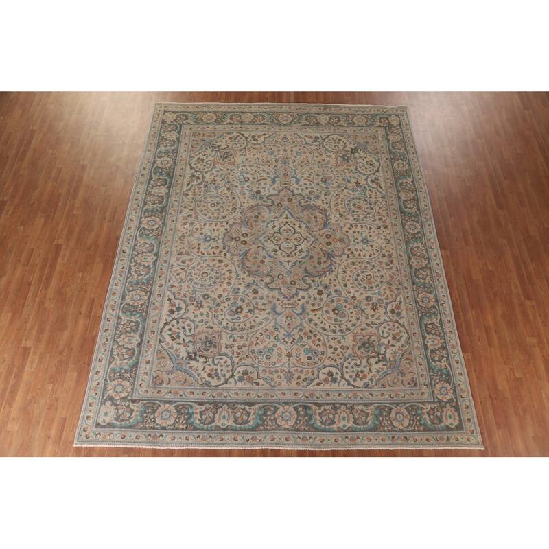 Hand Knotted Oriental 100% Wool Carpet Traditional Floral Beige & Ivories Tabriz Area Rug - 12' 3'' X 9' 8''