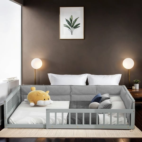 slide 2 of 24, Wood Full Size Bed with Guardrail and Pillow Grey