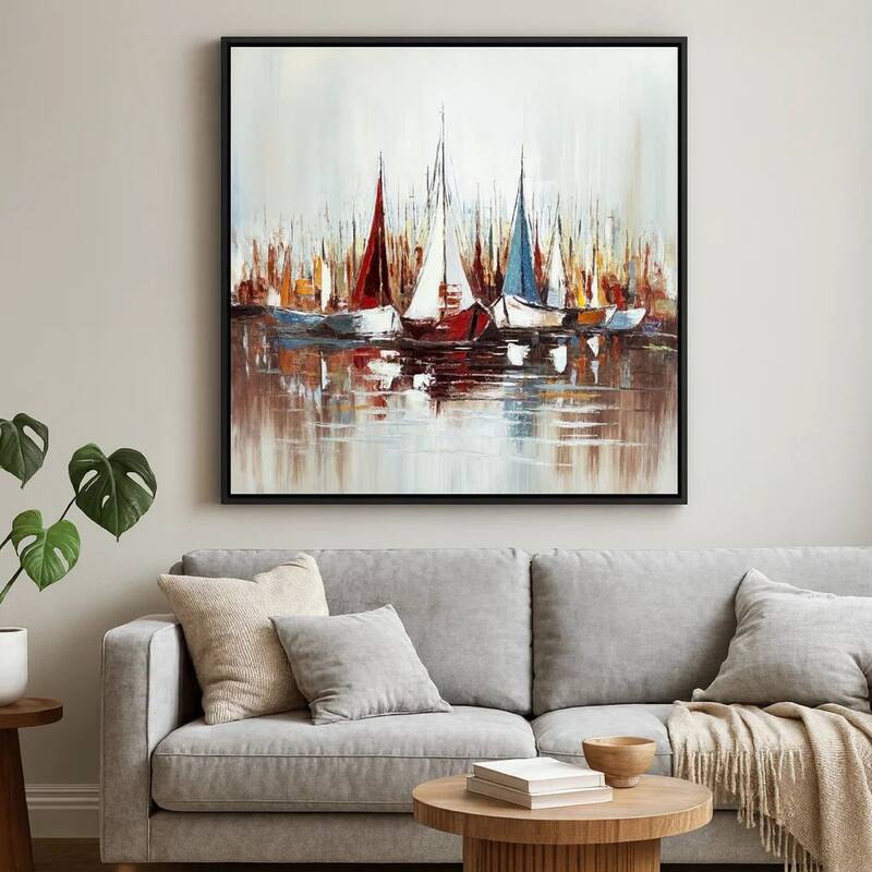 Hy 47 x 47 Hand Painted Multicolor Boats in Standing Water, Black PS Frame - White, Blue, Red, Yellow