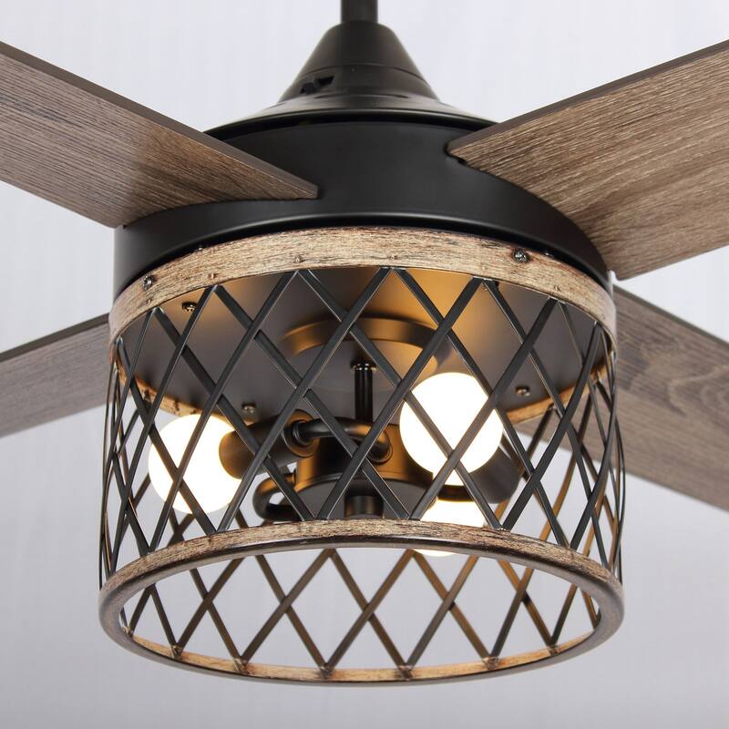 52-in Farmhouse 4-Blade 3-Light Black Wood Grain Ceiling Fan with Remote and Light Kit - 52-in W x 19.3-in H
