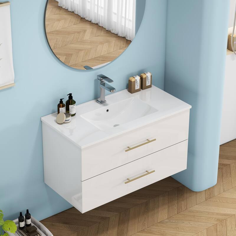 36-Inch Gloss Wall-Mounted Bathroom Vanity with Sink Combo,Double Drawers,Ceramic Sink, Long Gold Metal Handle