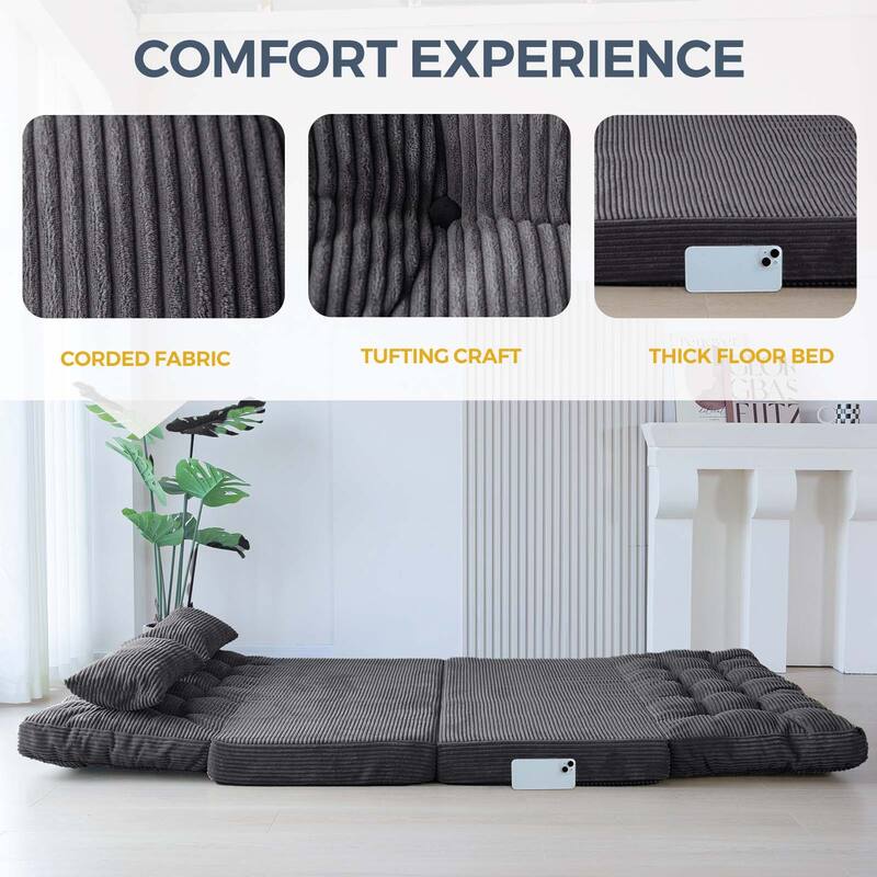 Corduroy Bean Bag Bed Tufted Folding Sofa Bed with Pillows