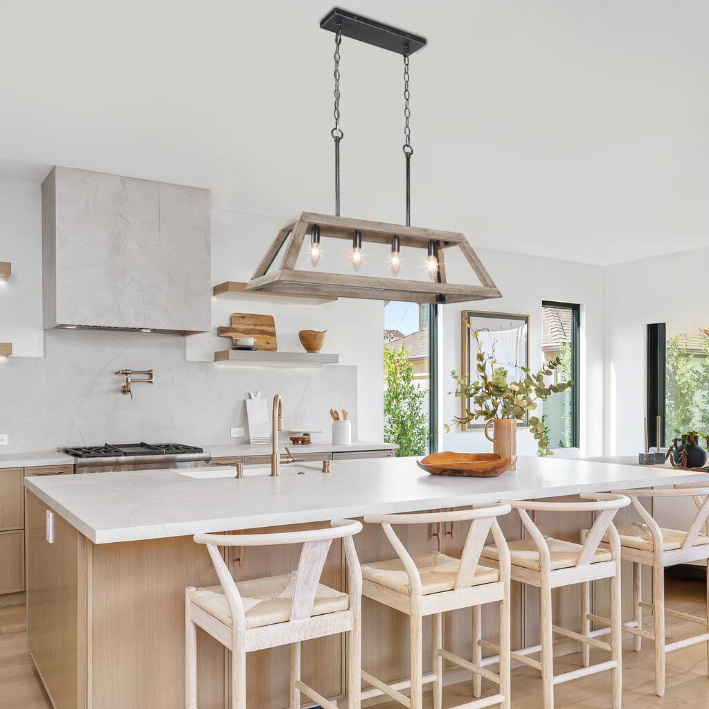 Farmhouse 4-Light Wood Airy Frame Chandelier for Kitchen Island Dining Room - L28" xW12.2 "xH7.5"