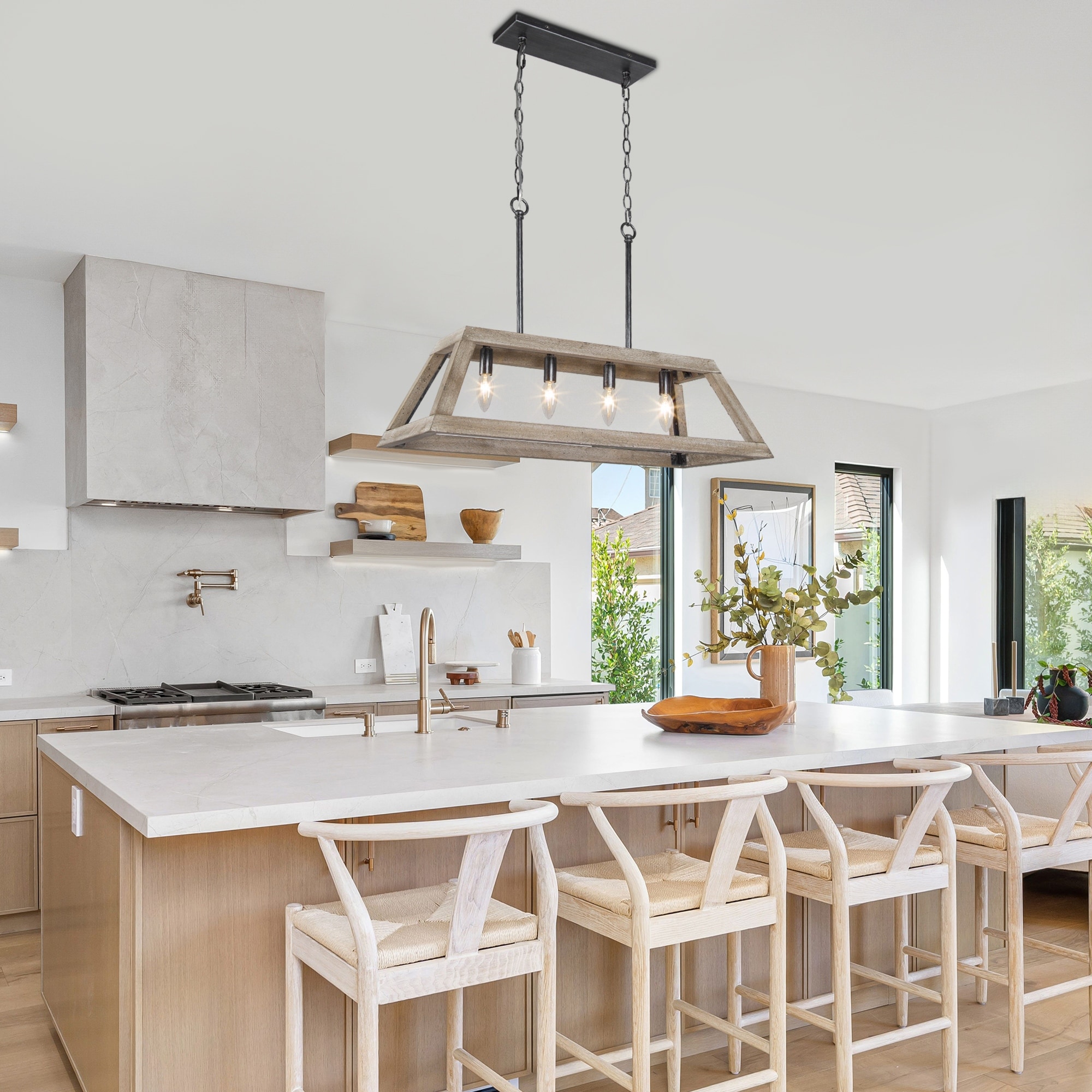 Farmhouse 4-Light Wood Airy Frame Chandelier for Kitchen Island Dining Room - L28" xW12.2 "xH7.5"