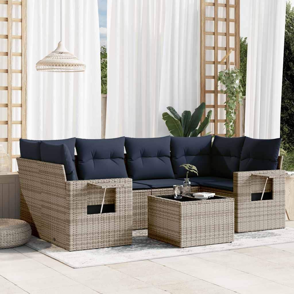 vidaXL Patio Sofa Set with Cushions Outdoor Furniture 7 Piece Poly Rattan - 24.4 x 24.4 x 27.2
