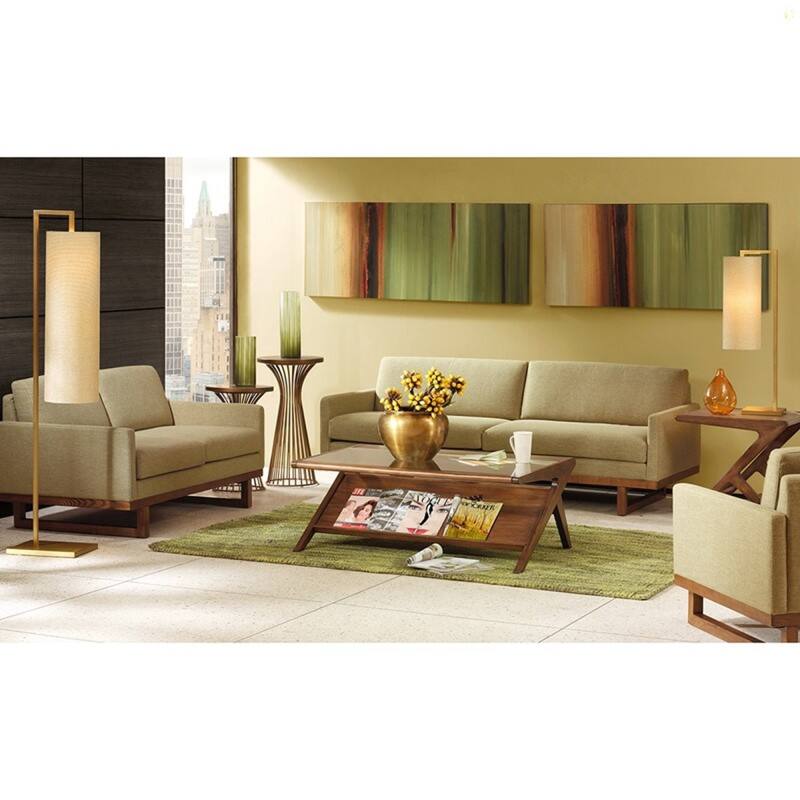 Roomfitters 44-Inch Rectangular Coffee Table, Tempered Glass Top with Angular Magazine Shelf, Pecan Finish