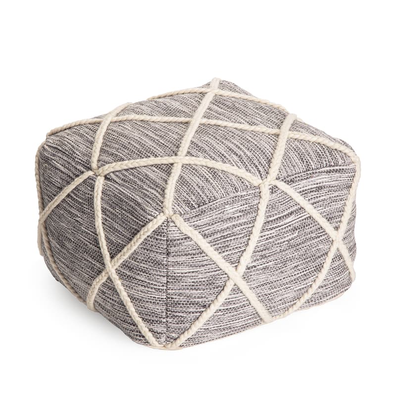 Jani Kirkwood Lake 22-inch Blue Pouf Ottoman - Handmade Footrest for Living Room, Bedroom, Nursery, Kidsroom - Gray & Ivory