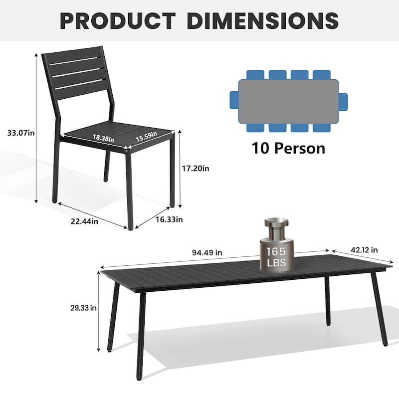 11 PCS Outdoor Rectangle Aluminum Dining Table with Umbrella Hole and 10 Stackable Chairs