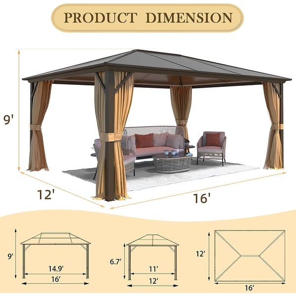 dimension image slide 2 of 16, EROMMY Hardtop Gazebo,Outdoor Pergola with Double Roof & Netting & Curtains,Heavy Duty Canopy for Patio, Backyard, Pool party