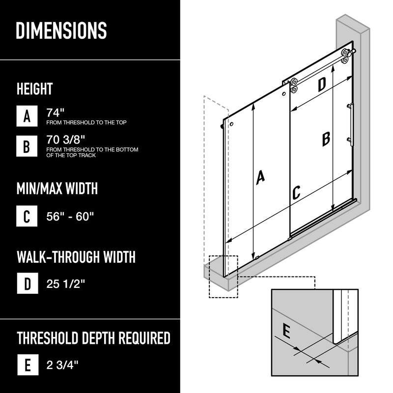 VIGO Elan 56" to 60" W x 74" H Frameless Sliding Shower Door in Matte Black