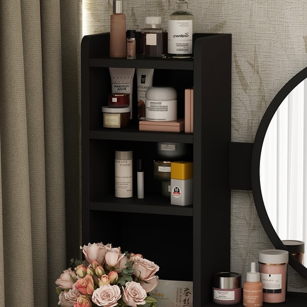 small dressing table black ModernLuxe Assembly Required Modern Makeup Vanity Desk with Drawers Cabinet Charging Port Spacesaving Dressing Table Set with Stool for Small Places Black in the Makeup Vanities department at Lowes.com