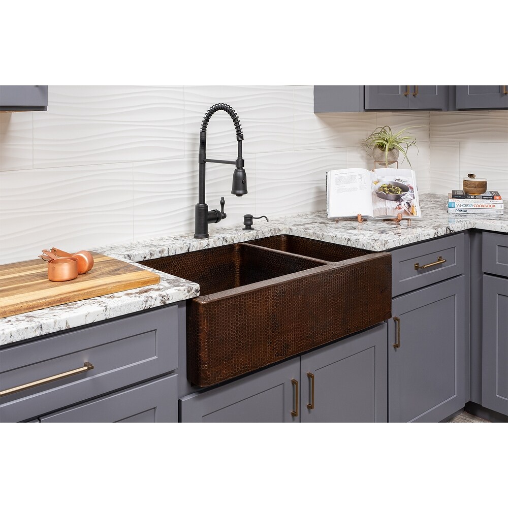 Premier Copper Products 33-inch Hammered Copper Apron Front 75/25 Double  Basin Kitchen Sink