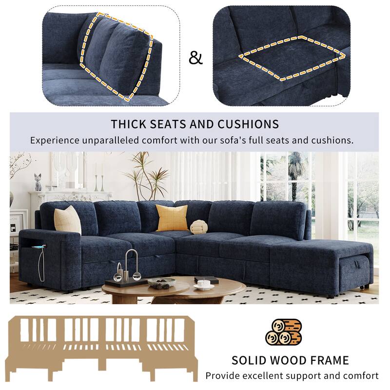 90.6'' Modern L-shaped Padded Modular Sofa with Storage Space, USB Ports, and Cup Holders on the Armrests