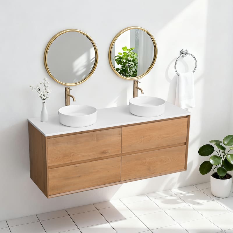Sylphar 60 inch Toffee Oak Floating Bathroom Vanity with White Quartz Top