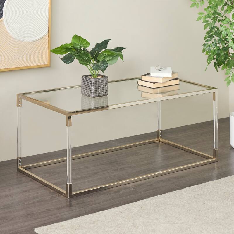 Clear Acrylic Plastic Cube Shaped Living Room Coffee Table with Silver Frame Supports - Clear