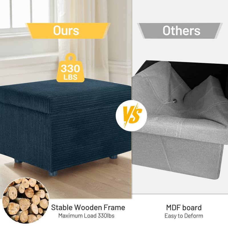 25 in.W Corduroy Upholstered Flip Top Storage Ottoman Footstool w/ Hide Hidden Storage & Solid Wood Legs