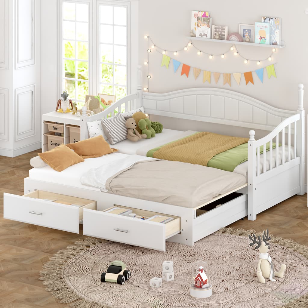 Wooden Twin Size Daybed with Twin Size Trundle, Extendable Daybed with Two Storage Drawers