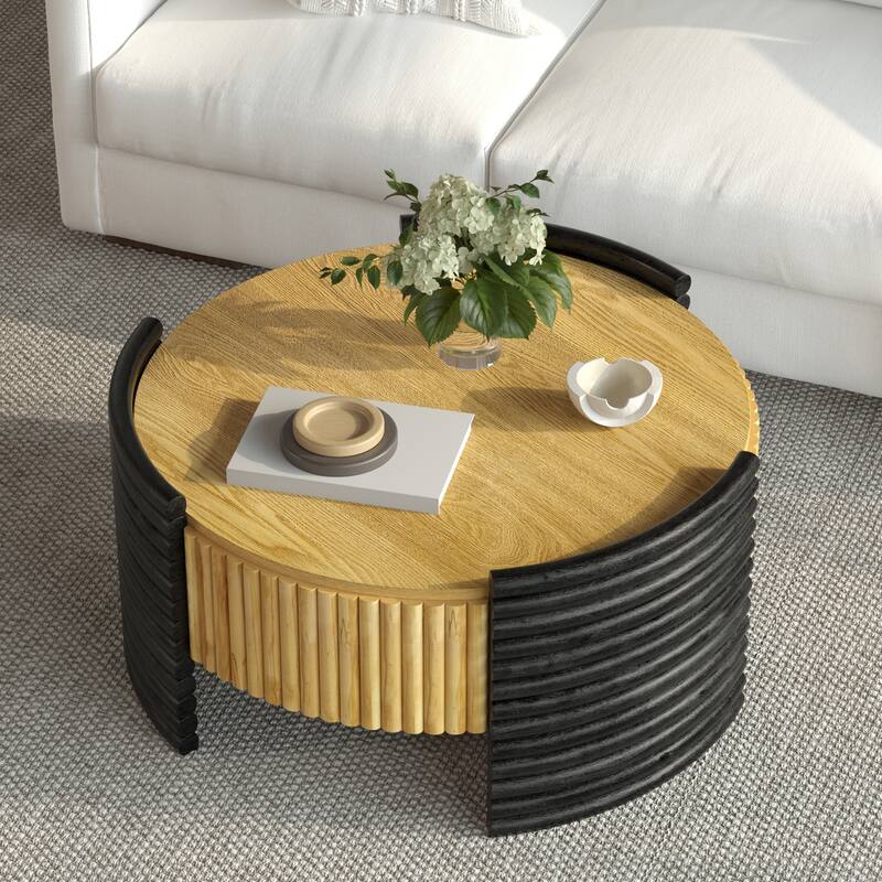 GDFStudio Kael Two-Tone Flip Top Coffee Table with Fluted Texture - Wood Color