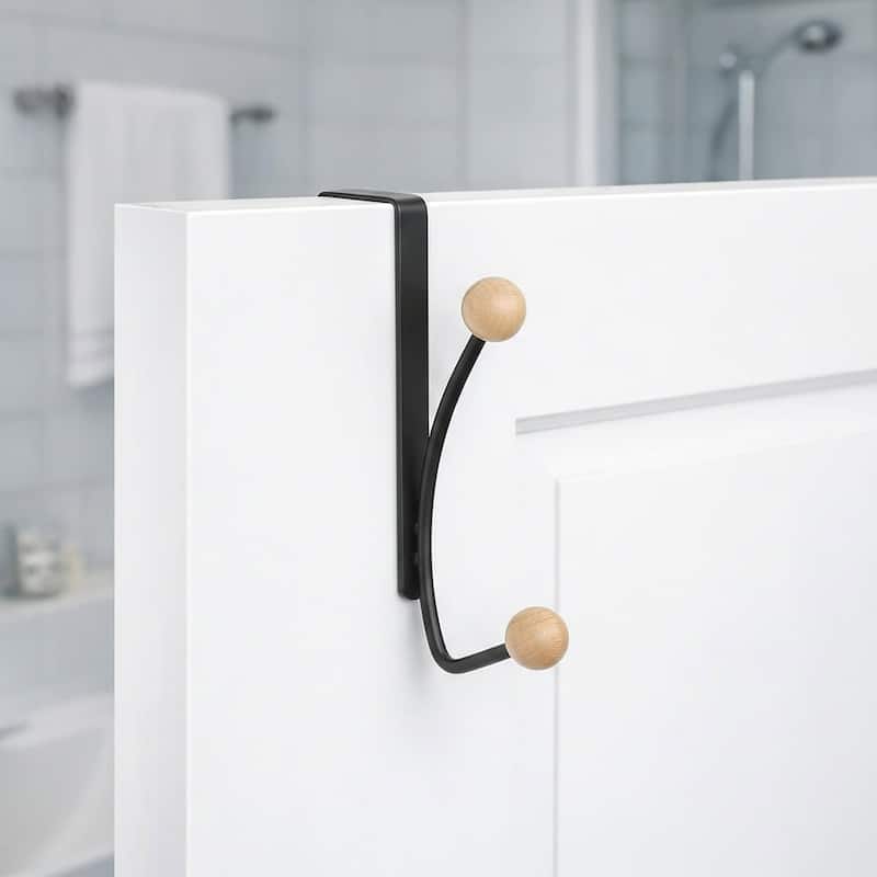 Over The Door Hook Rack with 2 Ball Ends - 0.8 L x 4 W x 7.5 H - Black/Natural