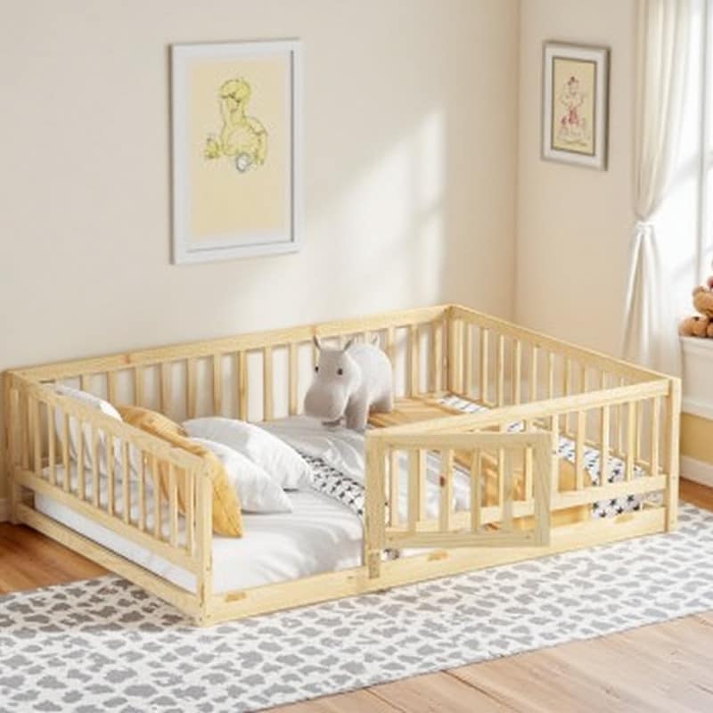 Full Montessori Wooden Floor Bed with Safety Fence & Door, Oak Finish Slatted Platform Bed