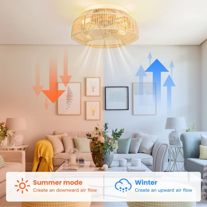 20 in. 4-Lights Indoor Gold Rattan Flush Mount Ceiling Fan Low Profile Ceiling Fan with Remote Included No Bulbs for Kids Room