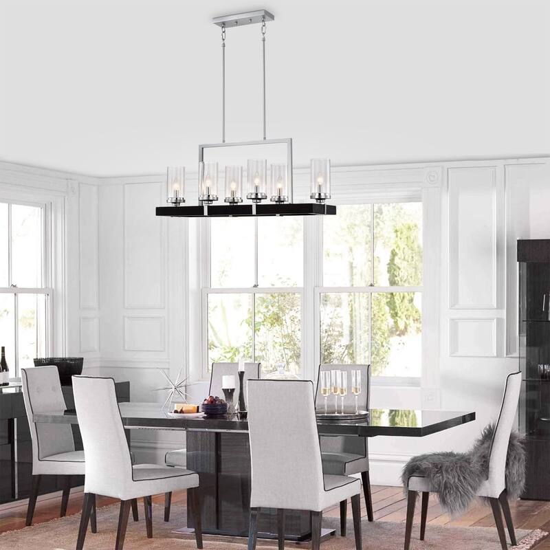 Wood and Metal 6-light Linear Chandelier with Seeded Glass Shades Silver / Black