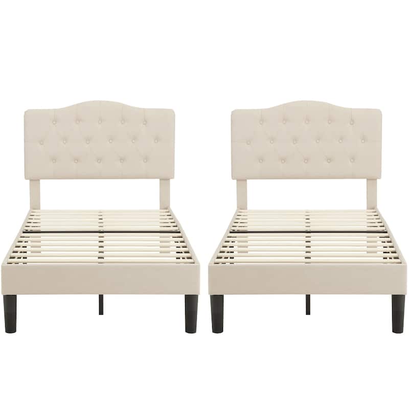VECELO Modern Upholstered Kids Bed with Height Adjustable Tufted Headboard,Twin Size Bed Set of 2 - Beige