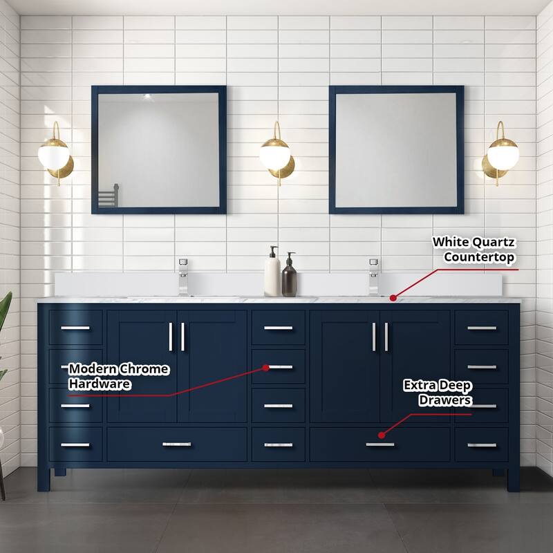 Jacques 84 in. W x 22 in. D Navy Blue Double Bath Vanity, White Quartz Top, Faucet Set, and 34 in. Mirrors