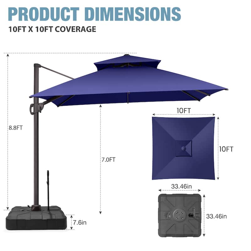 VredHom Double Top 10x10 FT Square Patio Cantilever Umbrella with Rod Wheel Base