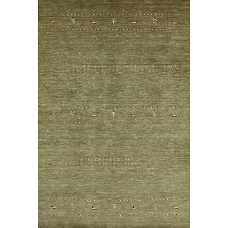 Modern Green Gabbeh Indian Rug Handmade Tribal Wool Carpet - 5'1" x 7'8"