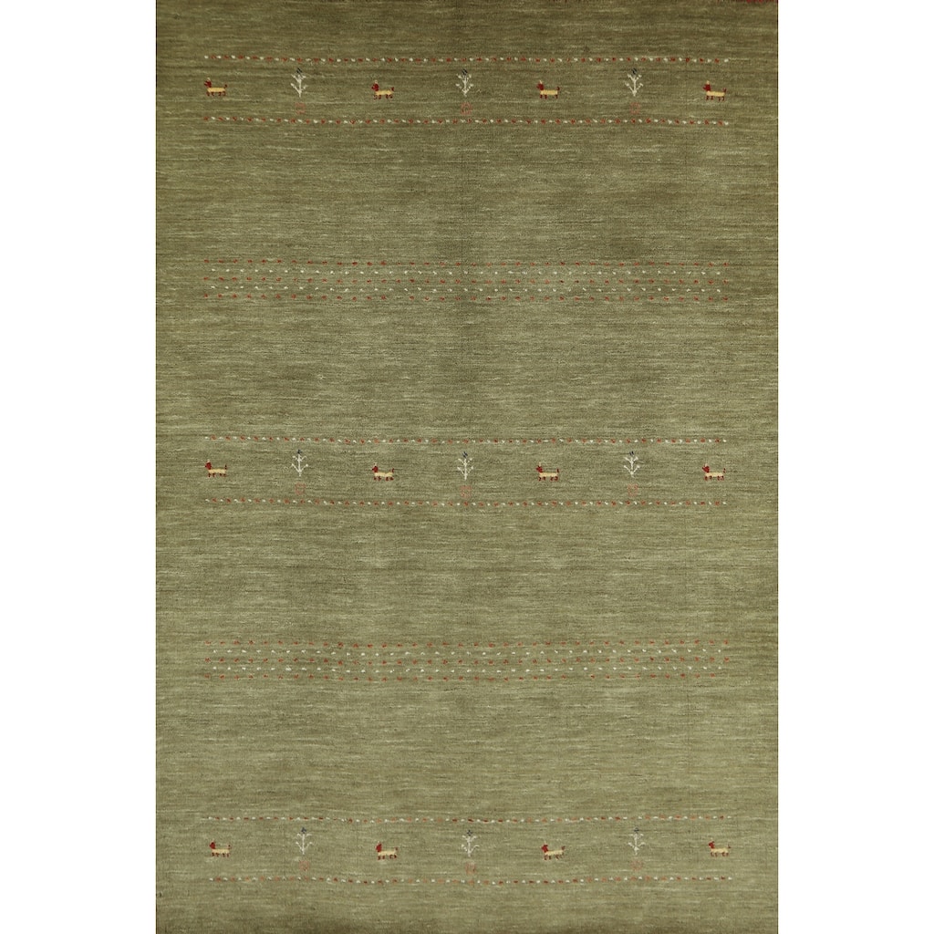 Modern Green Gabbeh Indian Rug Handmade Tribal Wool Carpet - 5'1" x 7'8"