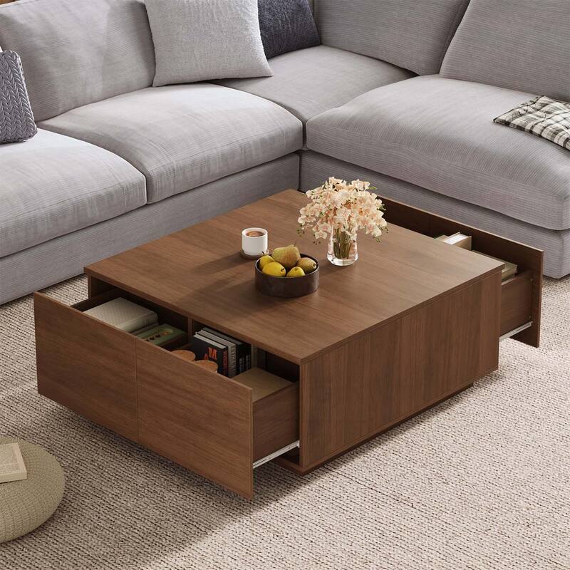 Square Coffee Table with 4 Drawers,Ample Storage and Sturdy Construction