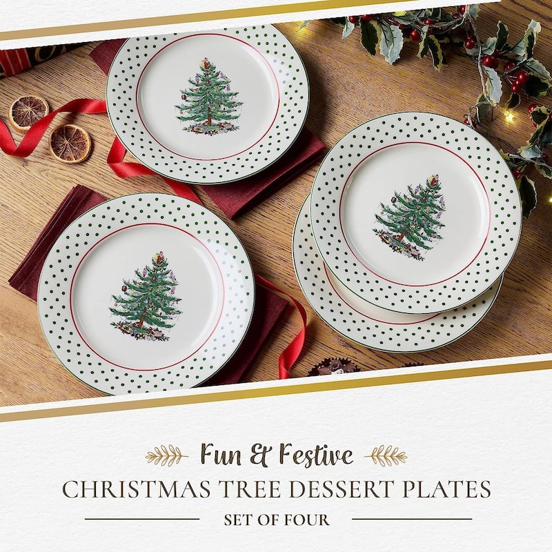 Spode Set of 4 Christmas Tree Polka Dessert Plates