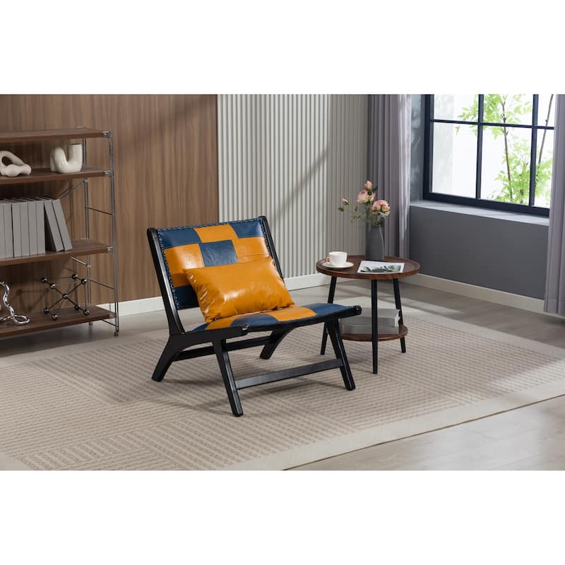 PU Leather Upholstered Mid Century Lounge Side Chair with One Pillow for Living Room - Yellow+Blue