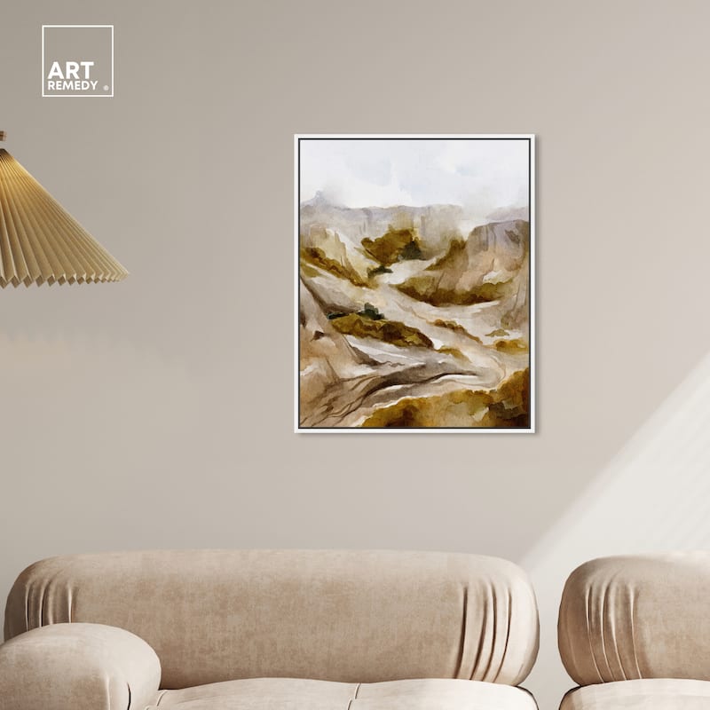 Art Remedy Winter End Rock Mountain Framed Landscape 1 Piece Canvas Wall Art Watercolor Style