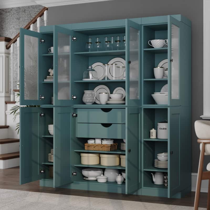 Palace Imports 100% Solid Wood 65" Pantry Cabinet with Frosted Glass, Shaker Doors, 2-Drawers and Adjustable Shelves - Aqua Blue
