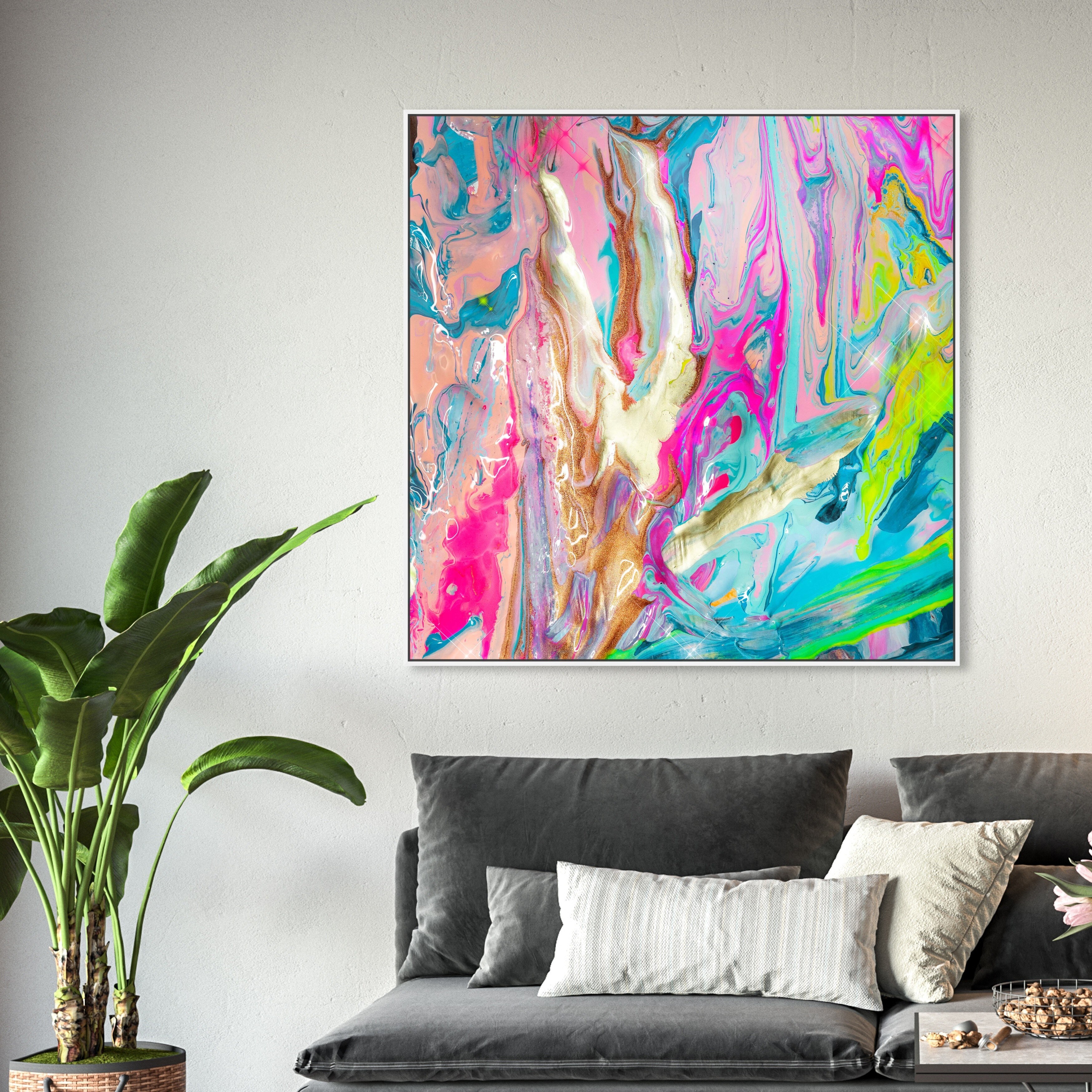 Oliver Gal 'Neon Party' Abstract Wall Art Framed Canvas Print Paint - Pink, Blue