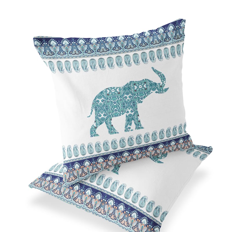 HomeRoots Set of Two 16" X 16" Blue and White Elephant Blown Seam Paisley Indoor Outdoor Throw Pillow - 16.00' X '16.00' X '5.00