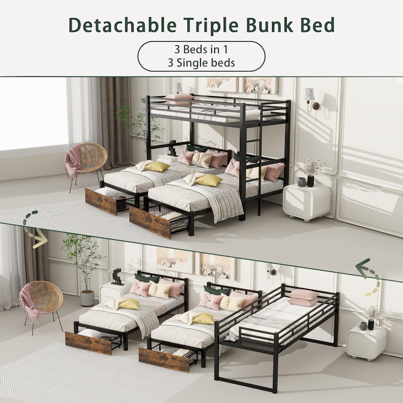 Various Sizes Metal Bunk Beds Frame with Ladder and High Guardrail, Heavy Duty Metal Bunk Beds🛍️🛒
