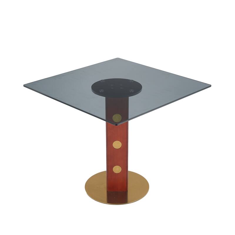 Modern Square Dining Table, 33.5" Tempered Glass Table with Wooden Leg & Gold Base, 2 - Person Kitchen Table for Small Space