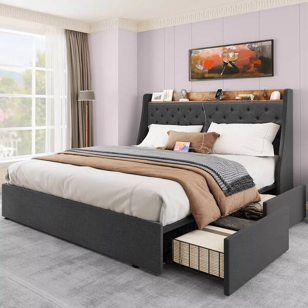King Size Bed Frame Upholstered Wingback Storage Headboard 4 Drawers ...