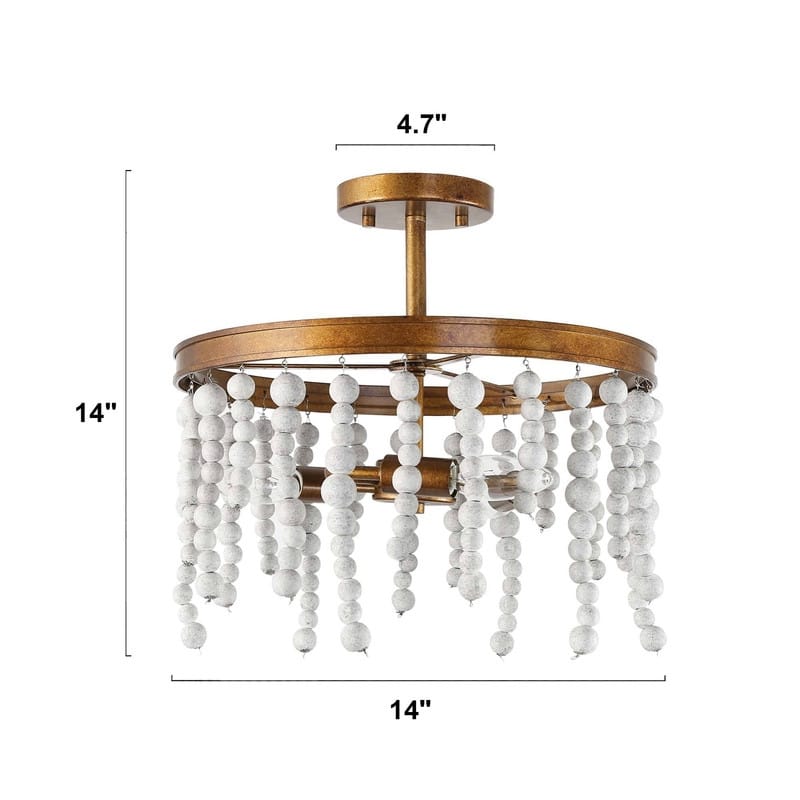 Boho Glam 3-Light Wood Beads Semi-flush Mount Ceiling Light Coastal Chandelier - Antique brass - D14"xH14"
